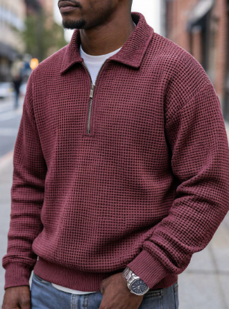 Men's Waffle Knit Quarter Zip Polo Sweatshirt